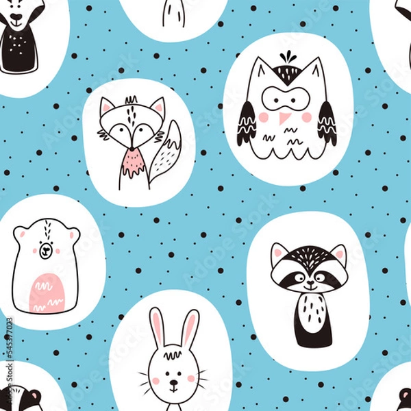 Fototapeta Seamless pattern with cute animals in Scandinavian style. Vector funny illustration for children.