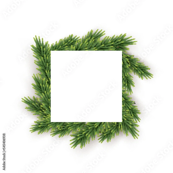 Obraz Green Christmas wreath background. Holly fir tree natural square decoration. Realistic merry xmas, New Year traditional ornament. Square shape paper with Christmas tree vector illustration