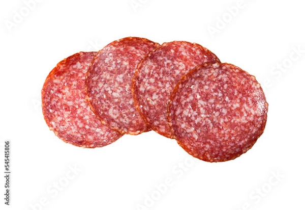 Fototapeta Sliced salami isolated on white background with transparent PNG. Sausage top view.