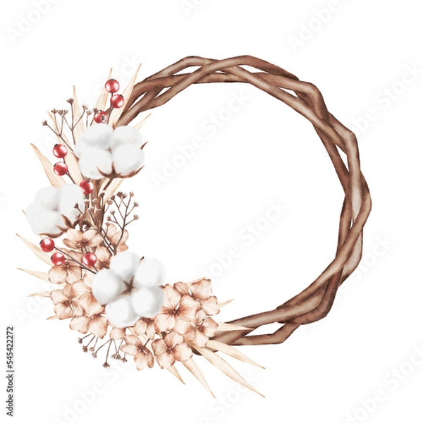 Obraz Boho wreath clipart. Bohemian wreath watercolor illustration. Cotton bolls and florals on wreath. 