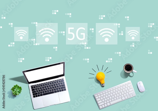 Fototapeta 5G network with computers with a light bulb from above