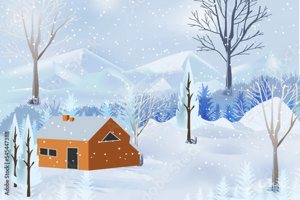 Fototapeta Winter mountains landscape with houses and trees on vector background with snowflakes falling from the sky. Cartoon winter scenery of cold weather and village forest, snowy hills, and fields