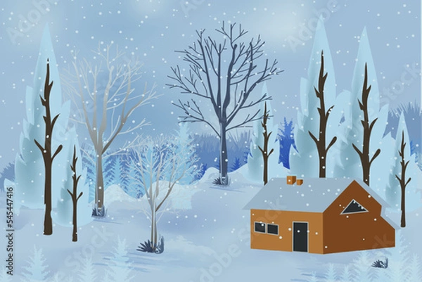 Fototapeta Winter mountains landscape with houses and trees on vector background with snowflakes falling from the sky. Cartoon winter scenery of cold weather and village forest, snowy hills, and fields