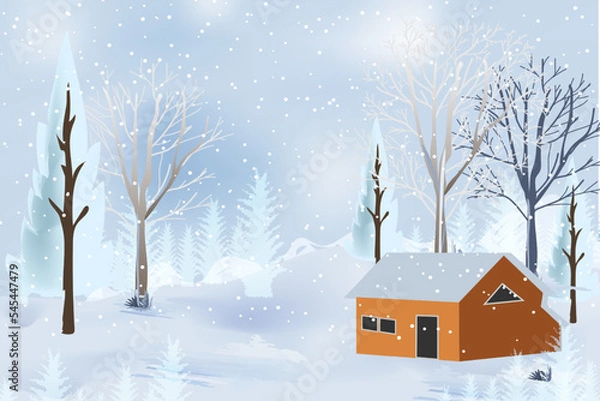 Fototapeta Winter mountains landscape with houses and trees on vector background with snowflakes falling from the sky. Cartoon winter scenery of cold weather and village forest, snowy hills, and fields