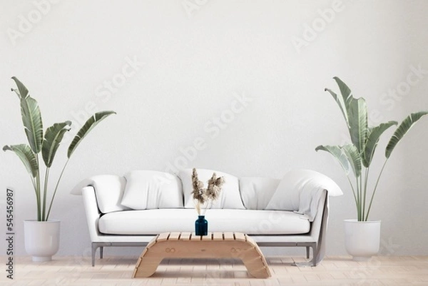 Fototapeta big white living room.interior design,white sofa,wooden table wall for mock up and copy space-3d rendering-...