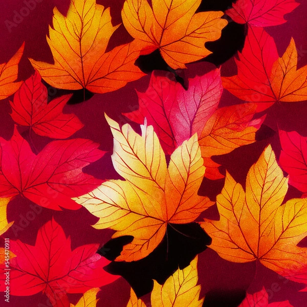 Fototapeta Seamless pattern of autumn fallen leaves. Red-yellow background of golden autumn as a concept of the change of seasons. Leaves of red maple, plane tree, birch.