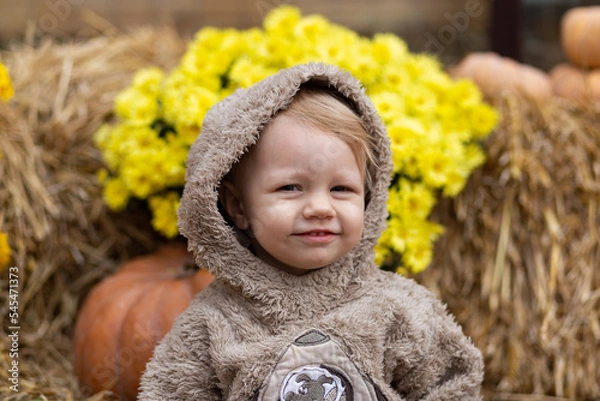 Obraz A small child on a background of pumpkins and hay