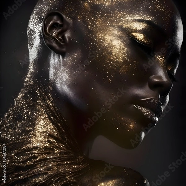 Obraz Beautiful woman closeup portrait with golden paint, golden details and sparkles, dark background