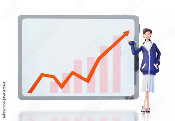 Fototapeta Successful business woman stays next to tablet and demonstrate information on the screen. Happy office workers 3D rendering illustration 