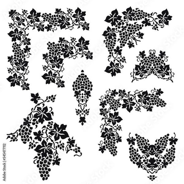 Fototapeta Black and white  template corner with grapes. Vignettes and stencils for design. Deco borders.  Vector set of 8.	