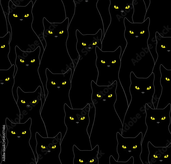 Fototapeta Black cat seamless pattern. Vector backgrounds for Halloween. The texture of pets. 