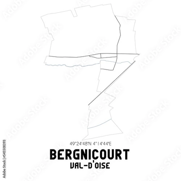 Fototapeta BERGNICOURT Val-d'Oise. Minimalistic street map with black and white lines.