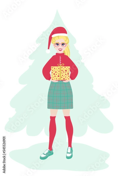 Fototapeta Young woman in a red sweater and a plaid skirt in a santa claus hat with a New Year's gift on background of the Christmas tree. Funny cartoon character is preparing for Christmas.The girl gives a gift