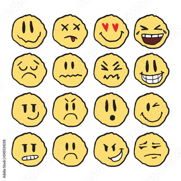 Fototapeta Hand-drawn emoticons. Sketch of doodle emoticons, thin icons of a happy sad face, vector illustration