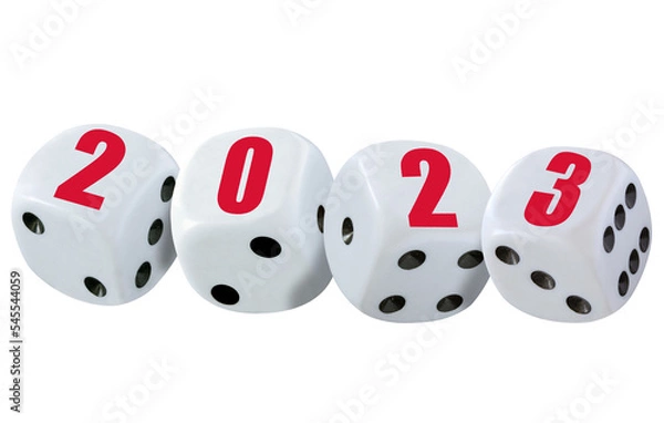 Fototapeta White dice cubes spelling 2023 in red numbers. Concept of new year which brings luck, good business and prosperity. PNG file.