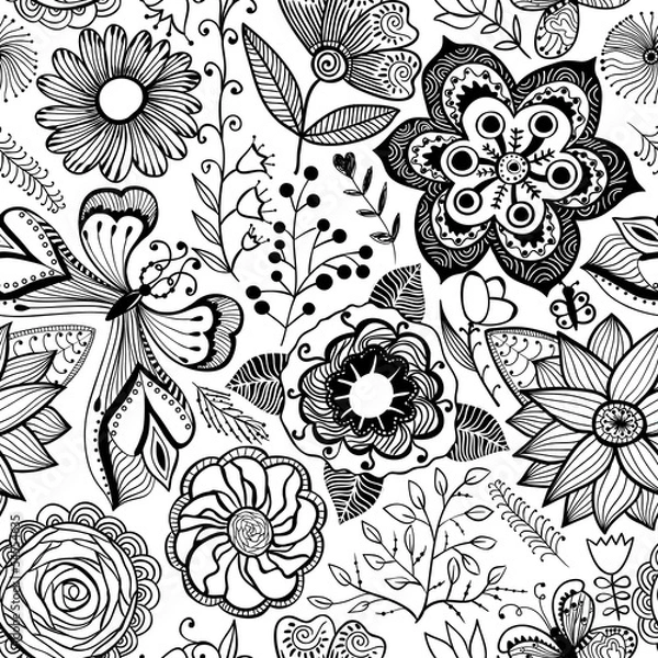 Fototapeta Abstract floral background, summer theme seamless pattern, vecto