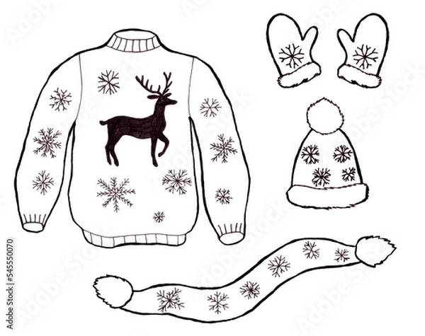 Obraz Set of black and white winter warm clothes hand drawn on white background