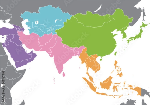 Fototapeta 東アジア、東南アジア、中央アジア、南アジア、西アジア、国連によるアジアの地域区分