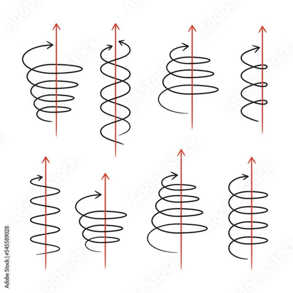 Obraz 手書き風の線の螺旋スパイラルと直線の矢印のセットのバリエーション