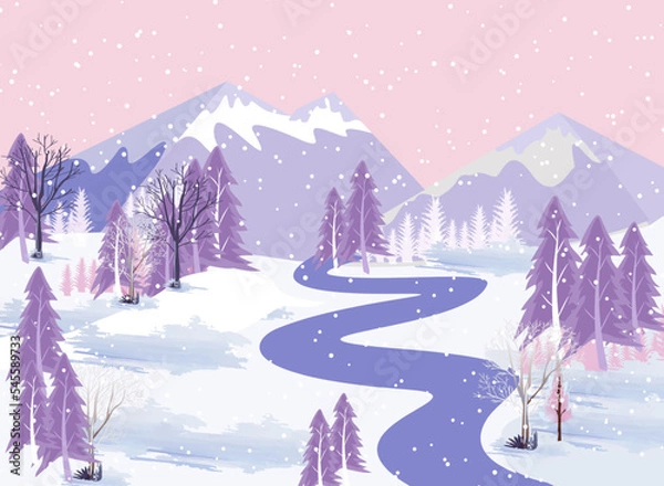 Fototapeta Winter mountains landscape with mountains and trees on  vector background with snowflakes falling from the sky. Cartoon winter scenery of cold weather and village forest, snowy hills and fields