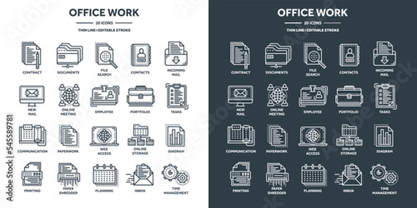 Obraz Business and office work, planning and scheduling. Daily schedule, employees, working day. Office tools and stationery supplies, documents, paperwork. Thin line web icons set. Vector illustration