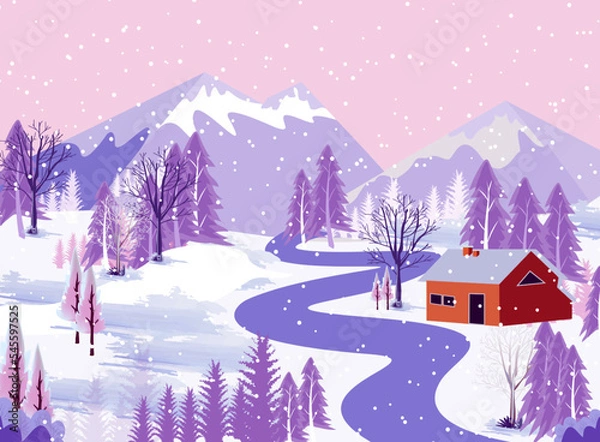 Fototapeta Winter mountains landscape with mountains and trees on  vector background with snowflakes falling from the sky. Cartoon winter scenery of cold weather and village forest, snowy hills and fields
