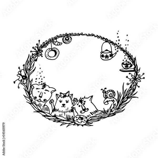 Fototapeta Vintage black and white frame with cute kittens and sweet donuts. Label and tag for a pleasant tea party. Design for printing menus and postcards.