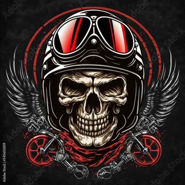 Obraz  Biker skull riding motorcycle vector logo. Generative AI