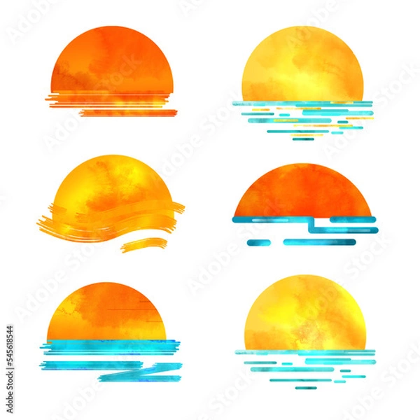 Fototapeta Sunset on the sea. Illustration in watercolor style. Set.