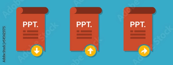 Fototapeta Vector of PPT download icon, PPT upload icon,and PPT share icon. PPT logo with download, upload,and share label. Presentation document logo with rolled down document and text icon in the middle.
