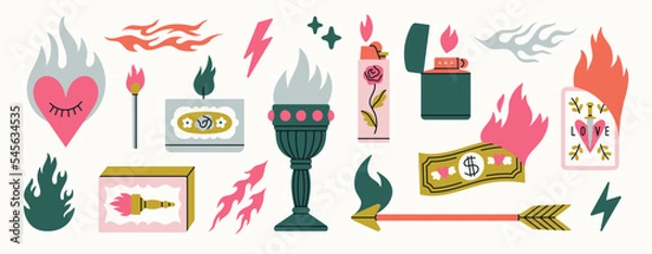 Fototapeta Big set with illustrations with fire elements. Matchbox, candle, lighter, flame, lightning etc. Hand drawn vector illustrations isolated on white background.