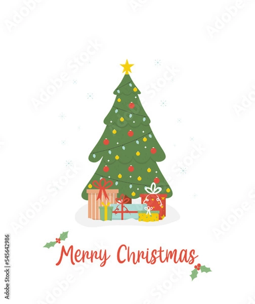Fototapeta Decorated christmas tree with presents and gifts with text. Concept vector illustration in flat style.