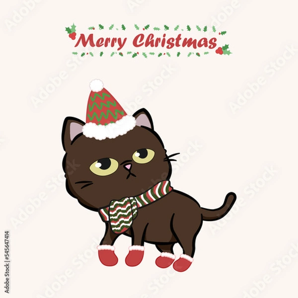 Obraz Merry Christmas with a cute dressed cat. Cute cat character for christmas and new year. Graphic resource for graphic, content , banner, sticker label and greeting card.