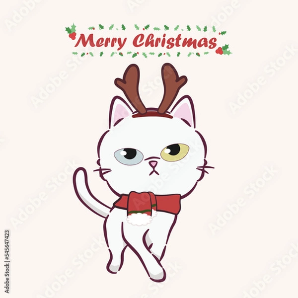 Obraz Merry Christmas with a cute dressed cat. Cute cat character for christmas and new year. Graphic resource for graphic, content , banner, sticker label and greeting card.