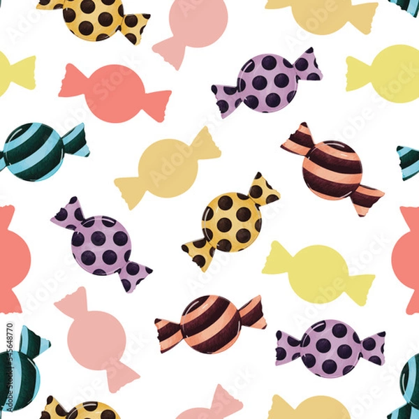 Obraz Seamless sweet candy wrapper pattern. Simple style on a white background. Vector illustration. Hand drawn design is perfect for textiles, fabrics, wallpaper or gift wrap.