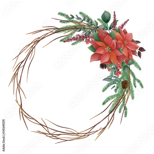 Obraz Watercolor Christmas floral frame or winter floral wreath consisting of flowers, leaves and branches. Frame vignette with a bouquet of flowers. Crown and Arch. Suitable for holiday invitation cards