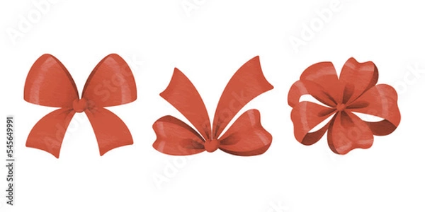 Obraz Watercolor illustrations with red ribbon bows. Silk red bows illustrations set. Hand painted traditional decor isolated on white background. Classical bow decorative element.