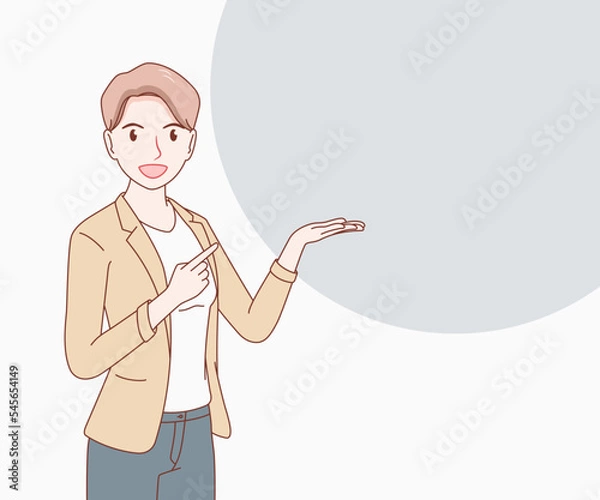 Fototapeta smile short hair business woman wearing a suit pointing her finger at the other hand that lifting and open hand palm showing copy space for text. hand drawn with thin lines style.