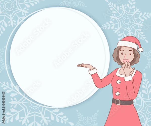 Fototapeta smiling curly hair woman in red santa claus outfit open hand palm showing copy space for text. girl looked excited and surprised on paper cut background. merry christmas and new year.