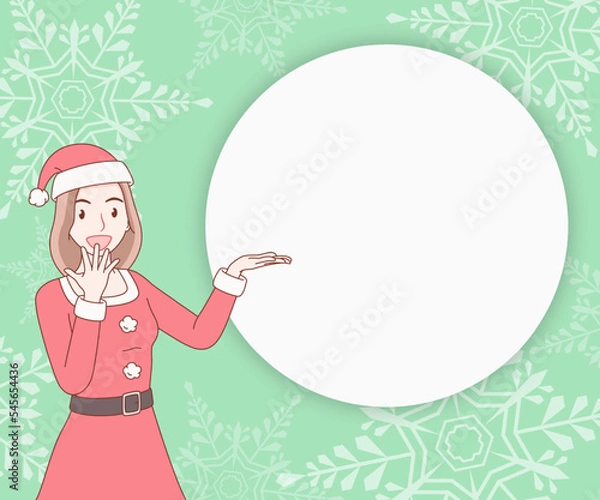 Fototapeta smiling long hair woman in red santa claus outfit open hand palm showing copy space for text. girl looked excited and surprised on paper cut background. merry christmas and new year.