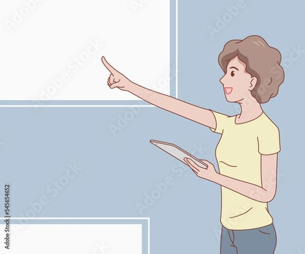 Fototapeta smiling curly hair woman wearing a t-shirt and pointing finger forward. female with gadget. space for text. hand drawn with thin lines style.