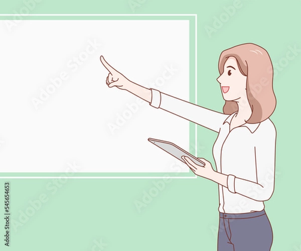 Fototapeta smile woman wearing a shirt holding a tablet and pointing finger forward. female with gadget. space for text. hand drawn with thin lines style.