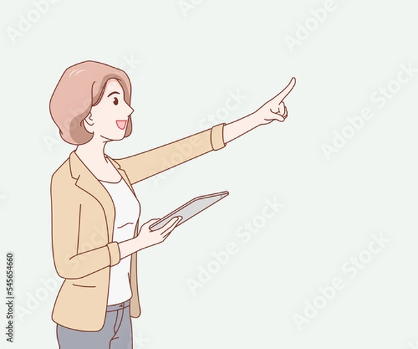 Fototapeta smile woman wearing a t-shirt holding a tablet and pointing finger forward. female with gadget. space for text. hand drawn with thin lines style.