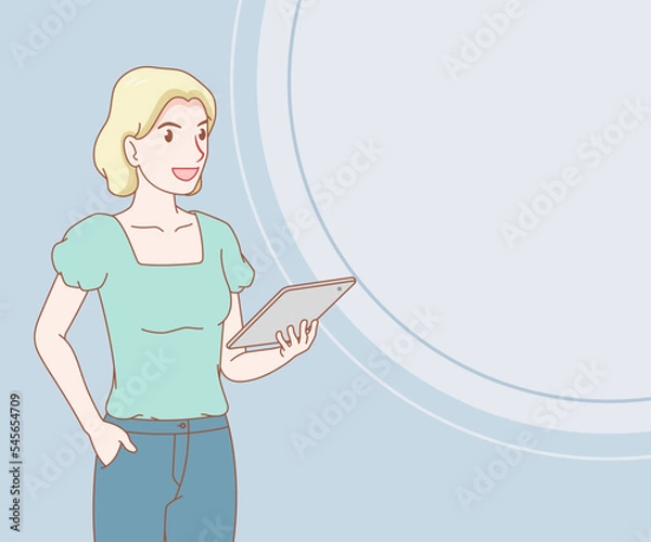 Fototapeta smile woman wearing a t-shirt holding a tablet. female with gadget. space for text. hand drawn with thin lines style.