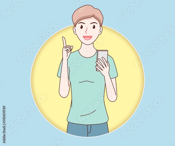 Fototapeta smile woman wearing a t-shirt using a smartphone on paper cut background.hand drawn with thin lines style.