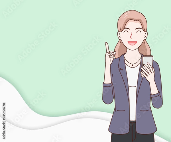 Fototapeta smile business woman wearing a suit using a smartphone on paper cut background. hand drawn with thin lines style.