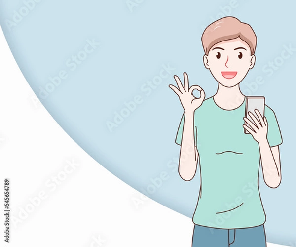 Fototapeta smile woman wearing a t-shirt using a smartphone on paper cut background. hand drawn with thin lines style.