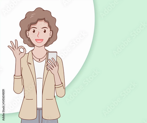 Fototapeta smiling curly hair business woman wearing a suit using a smartphone on paper cut background. hand drawn with thin lines style.