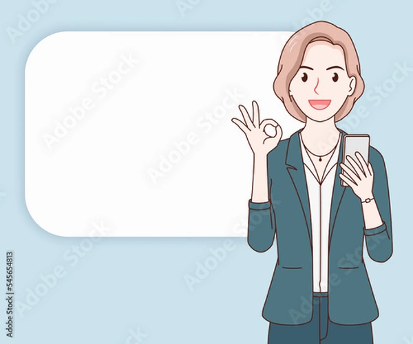 Fototapeta smile business woman wearing a suit using a smartphone on paper cut background. hand drawn with thin lines style.