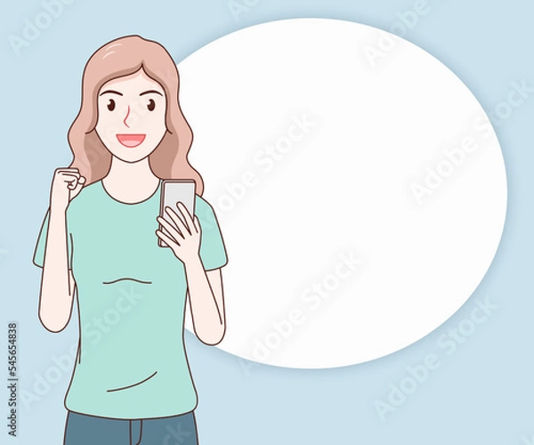 Fototapeta smile woman wearing a t-shirt using a smartphone on paper cut background.hand drawn with thin lines style.